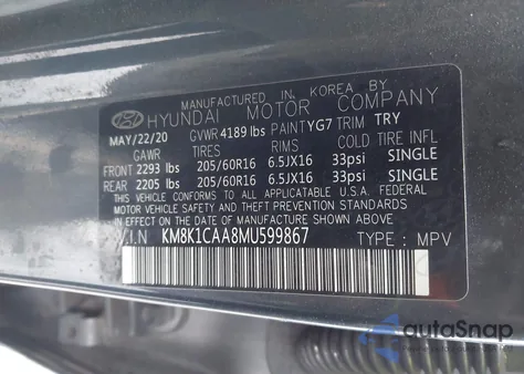 2021 Hyundai Kona Se from USA, damaged, VIN KM8K1CAA8MU599867
